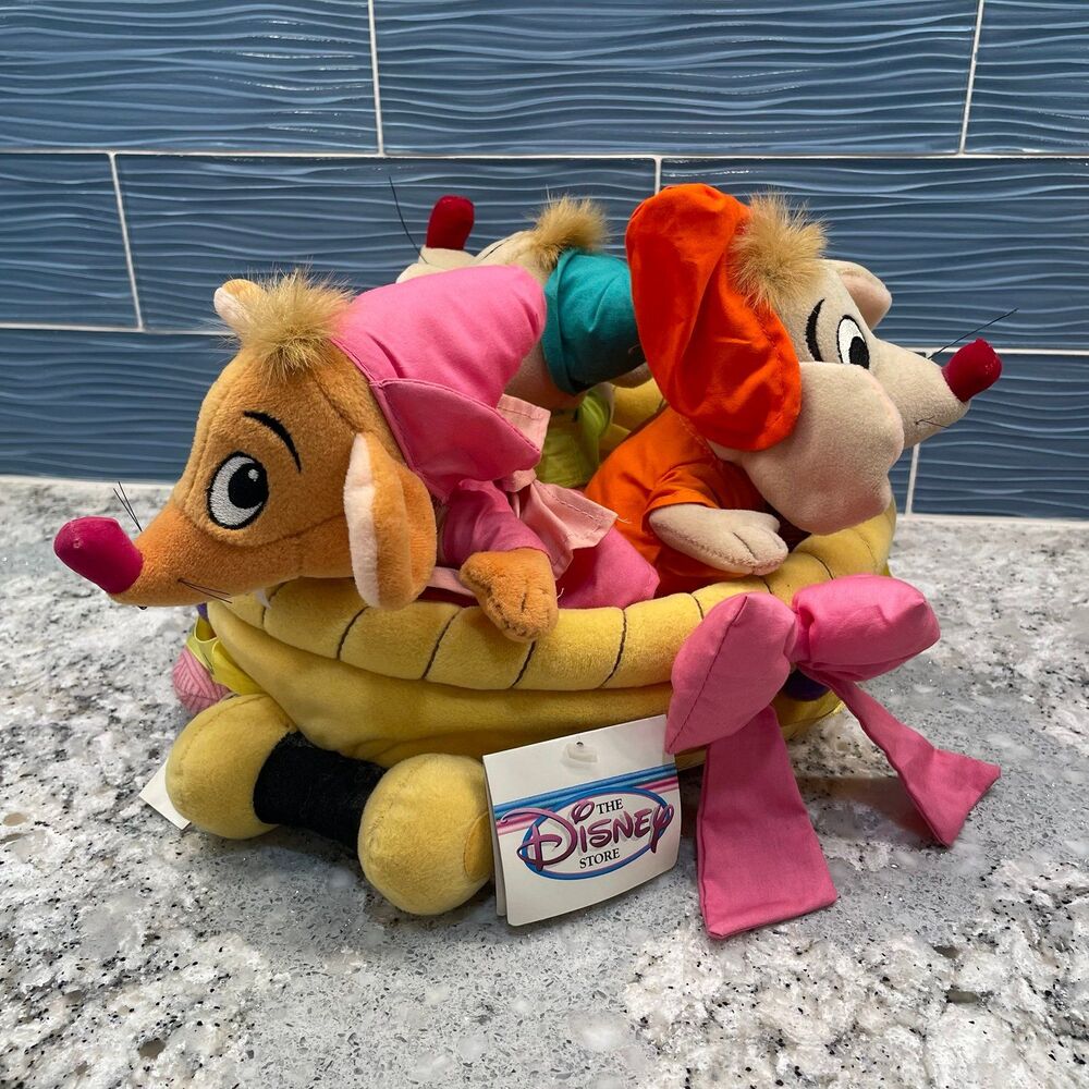 Vintage Disney Store Cinderella Mice Gus Jacques Plush Sewing Basket Set Toy NWT